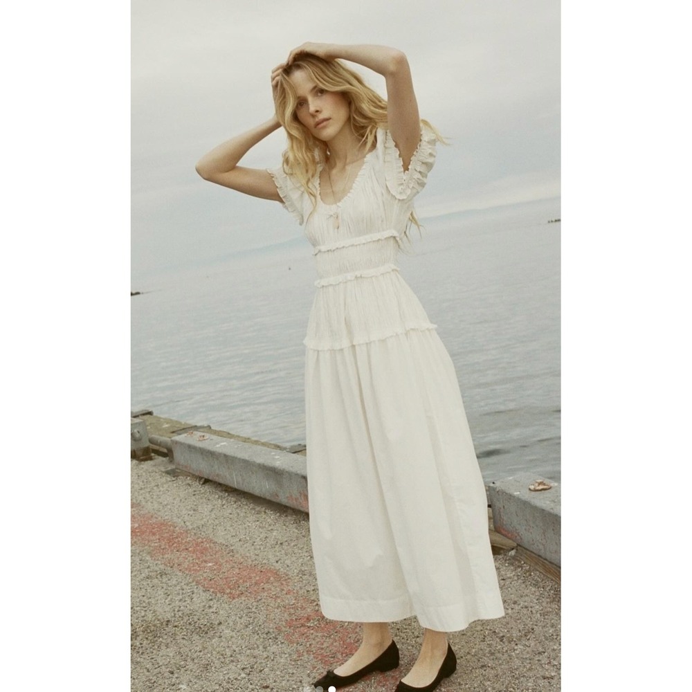 Doen Leanne Midi Dress Salt White Size Medium Organic Cotton Shirred Puff Sleeve